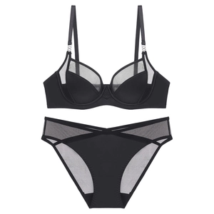 French Style Sexy Satin Mesh Stitching Thin Cup Wired Bra And Matching Panty Lingerie Combination For Women Daily Underwear