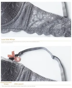 Dettaglio reggiseno in pizzo grigio con ali in rete traspirante e fiocco di raso rosa
