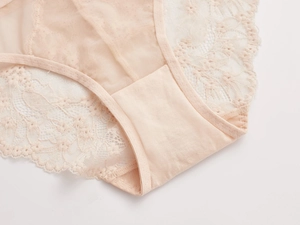 Detalle de bragas de encaje transpirable con refuerzo de algodón y bordado floral