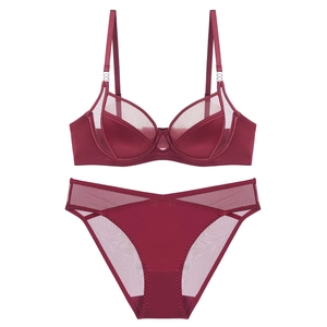 Wine red lingerie set with satin underwire bra and mesh briefs on a white background