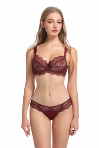 Detail view of burgundy lace lingerie set with underwire bra and scalloped edges