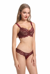 Detailed view of dark red lace lingerie set with fine embroidery and silk straps
