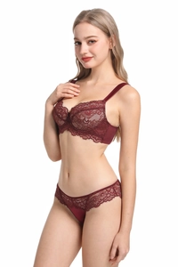 Detailed close-up of burgundy floral eyelash lace lingerie set with soft underwire support