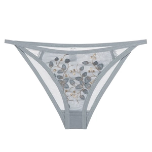 Dusty blue mesh panties with floral embroidery and thin side straps in a sexy low-rise style
