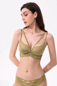 Detailed view of olive green lace lingerie set with cross straps and sheer floral embroidery