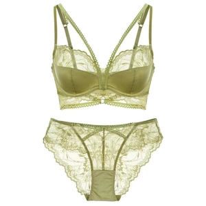 Lace lingerie set with sheer bra and matching panties in olive green color