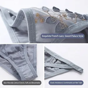 French style grey lace panties featuring embroidery and cotton crotch in a detailed collage