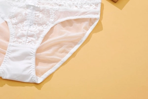 Close-up of white lace panties featuring delicate mesh fabric and a small bow detail