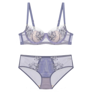 Detailed view of purple lace lingerie set with floral embroidery and mesh texture