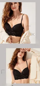 Detail eines schwarzen Spitzen-Push-up-BHs mit feinen Trägern und breitem Spitzenbesatz
