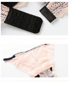 Détails du soutien-gorge en dentelle rose avec agrafage arrière et culotte assortie