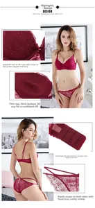 Conjunto de lencería de encaje rojo vino con sujetador push-up y detalles florales