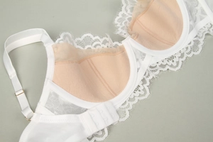 Close-up of white eyelash lace bra detail with sheer mesh lining and steel underwire