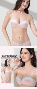Detalle del conjunto de sujetador rosa claro sin costuras con encaje blanco elegante