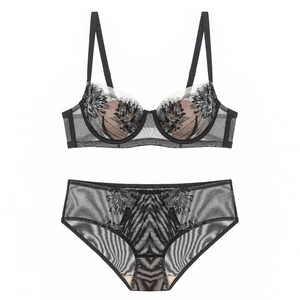 French style black lace lingerie set with elegant floral embroidery and mesh detail