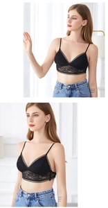 Detalle de bralette de encaje negro con tirantes finos y diseño de espalda en U