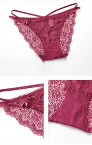 Detalle de bragas de encaje burdeos con lazo decorativo y forro interior de algodón