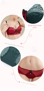 Close-up detail of red lace lingerie set featuring cotton lining and bow decoration