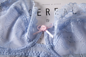 Detail eines hellblauen Spitzen-BHs mit einer zarten rosa Rosenschleife auf einem Magazin
