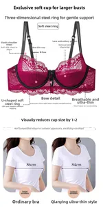 Detail view of 0.1cm ultra-thin wine red lace bra with soft U-wire and slimming effect