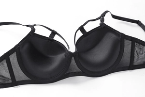 Detail of black satin and mesh bra featuring dual straps and supportive inner cup structure