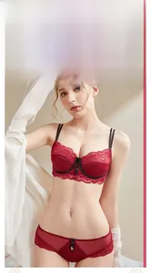 Detailed close-up of red lace lingerie set with floral patterns and black bow accents