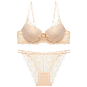 Elegante conjunto de lencería de encaje champán con sujetador push-up y bragas a juego