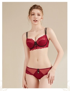 Detail view of red lace lingerie set with floral embroidery and mesh texture on model