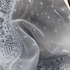 Gros plan détaillé de la dentelle bleu clair et du tissu résille sur un string sexy