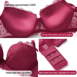 Conjunto de sujetador push-up de encaje rojo vino con escote en V profundo y copas de 2cm