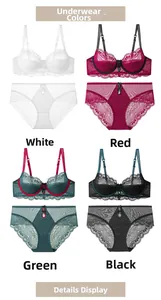Detail of 3/4 cup lace lingerie set showing elegant bows and adjustable straps in four colors