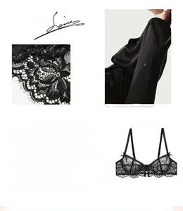 Close-up of black floral lace bra with intricate eyelash trim and silk sleepwear details