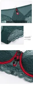 Detail of dark green lace bra and panties with red satin trim and cotton crotch