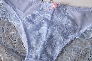 Nahaufnahme der fliederfarbenen Spitzenslip mit einer rosa Schleife und Rosendetail