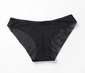 Detailed close-up of women's black semi-transparent mesh panties with elastic waist