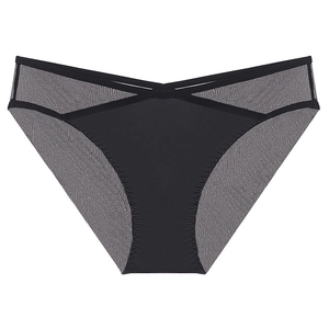 Slip francese sexy in rete trasparente nero e grigio con cinturini a V incrociati