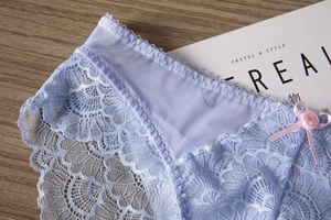 Detail von hellblauen Spitzen-Slips mit rosa Schleife und Perle auf Holzgrundlage