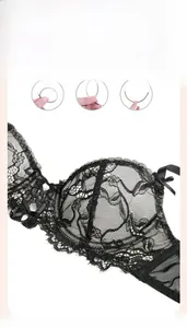 Detail of floral lace bra showing flexible underwire and mesh texture for comfort