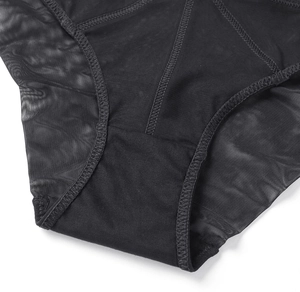 Macro detail of breathable black mesh fabric and reinforced stitching on lace panties
