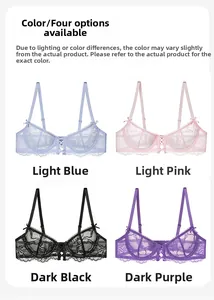 Lace bralettes in light blue, pink, black, and purple with delicate crossover straps