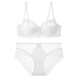 Elegant white floral lace lingerie set with underwire bra and high-waist panties