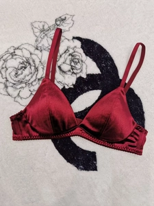Detail of deep red satin triangle bralette with delicate lace trim on plush background