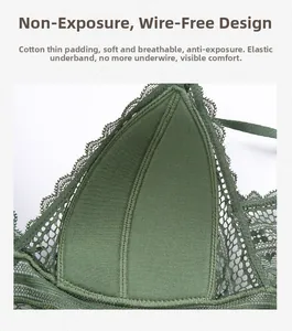 Détail de soutien-gorge en dentelle vert foncé avec rembourrage en coton sans armatures
