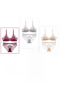 Conjunto detallado de bralettes y bragas de encaje francés en rojo, gris, piel y negro