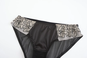 Dettaglio slip in raso nero con ricamo in pizzo floreale e tessuto in rete trasparente