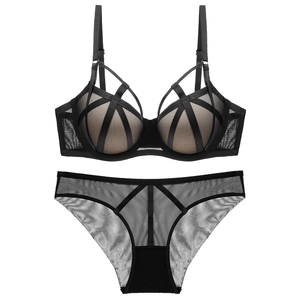 Sexy black lace lingerie set with strappy push-up bra and sheer mesh panty for women