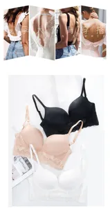 Detalle de sujetadores sin costuras con espalda en U en negro, beige y blanco con encaje