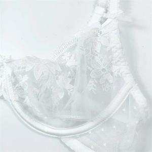 Close-up of white floral lace lingerie featuring mesh details and a delicate bow
