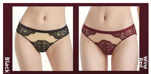 Detalle de bragas de encaje negro y burdeos con diseño de malla calada y transpirable