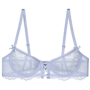 Lavender French lace bra with floral pattern and delicate bow details on white background